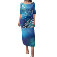 Polynesia Autism Awareness Family Matching Puletasi and Hawaiian Shirt Be In Awe Of My 'Tism LT05 Mom's Dress Blue - Polynesian Pride