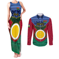 Vanuatu Shefa Province Couples Matching Tank Maxi Dress and Long Sleeve Button Shirts Coat Of Arms And Namele Fern Polynesian Pattern LT05 Red - Polynesian Pride