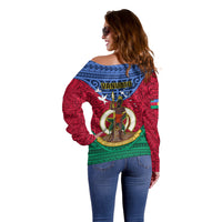 Vanuatu Shefa Province Off Shoulder Sweater Coat Of Arms And Namele Fern Polynesian Pattern LT05 - Polynesian Pride