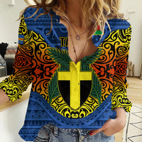 Vanuatu Tafea Province Women Casual Shirt Coat Of Arms And Namele Fern Polynesian Pattern LT05 Female Blue - Polynesian Pride