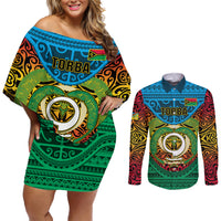Personalized Vanuatu Torba Province Couples Matching Off Shoulder Short Dress and Long Sleeve Button Shirts Vanuatuan Coat Of Arms Polynesian Pattern LT05 Green - Polynesian Pride