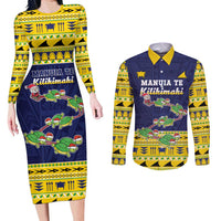 Tokelau Christmas Couples Matching Long Sleeve Bodycon Dress and Long Sleeve Button Shirt Tokelauan Turtle Santa Sleigh LT05 Yellow - Polynesian Pride