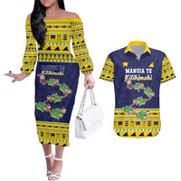 Tokelau Christmas Couples Matching Off The Shoulder Long Sleeve Dress and Hawaiian Shirt Tokelauan Turtle Santa Sleigh LT05 Yellow - Polynesian Pride