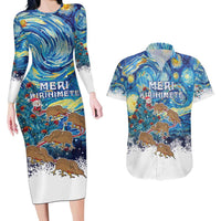 New Zealand Christmas Couples Matching Long Sleeve Bodycon Dress and Hawaiian Shirt Kiwis Santa Sleigh Starry Night Style LT05 Blue - Polynesian Pride