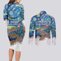New Zealand Christmas Couples Matching Long Sleeve Bodycon Dress and Long Sleeve Button Shirt Kiwis Santa Sleigh Starry Night Style LT05 - Polynesian Pride