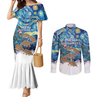 New Zealand Christmas Couples Matching Mermaid Dress and Long Sleeve Button Shirt Kiwis Santa Sleigh Starry Night Style LT05 Blue - Polynesian Pride