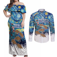 New Zealand Christmas Couples Matching Off Shoulder Maxi Dress and Long Sleeve Button Shirt Kiwis Santa Sleigh Starry Night Style LT05 Blue - Polynesian Pride