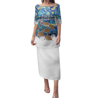 New Zealand Christmas Family Matching Puletasi and Hawaiian Shirt Kiwis Santa Sleigh Starry Night Style LT05 Mom's Dress Blue - Polynesian Pride