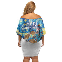 New Zealand Christmas Off Shoulder Short Dress Kiwis Santa Sleigh Starry Night Style