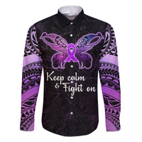 Pancreatic Cancer Awareness Family Matching Puletasi Dress and Hawaiian Shirt Keep Calm And Fight On Polynesian Pattern LT05 Dad's Shirt - Long Sleeve Purple - Polynesian Pride