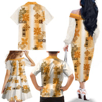 Hawaiian Quilt Family Matching Off Shoulder Long Sleeve Dress and Hawaiian Shirt Vintage Pattern Brown LT05 - Polynesian Pride
