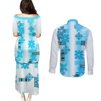 Hawaiian Quilt Couples Matching Puletasi Dress and Long Sleeve Button Shirt Vintage Pattern Blue LT05 - Polynesian Pride