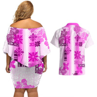 Hawaiian Quilt Couples Matching Off Shoulder Short Dress and Hawaiian Shirt Vintage Pattern Pink LT05 - Polynesian Pride