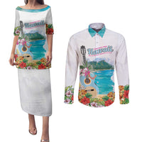 Aloha Hawaii Waikiki Beach Landscape Couples Matching Puletasi and Long Sleeve Button Shirt