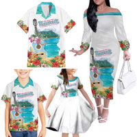 Aloha Hawaii Waikiki Beach Landscape Family Matching Off The Shoulder Long Sleeve Dress and Hawaiian Shirt LT05 - Polynesian Pride