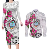 Guam Chamorro Couples Matching Long Sleeve Bodycon Dress and Long Sleeve Button Shirt Curves Polynesian Tattoo Mix Bougainvillea