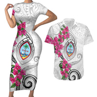 Guam Chamorro Couples Matching Short Sleeve Bodycon Dress and Hawaiian Shirt Curves Polynesian Tattoo Mix Bougainvillea