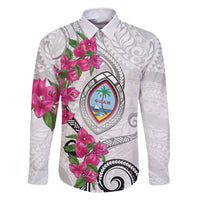 Guam Chamorro Family Matching Off Shoulder Maxi Dress and Hawaiian Shirt Curves Polynesian Tattoo Mix Bougainvillea LT05 Dad's Shirt - Long Sleeve White - Polynesian Pride