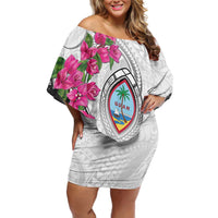Guam Chamorro Family Matching Off Shoulder Short Dress and Hawaiian Shirt Curves Polynesian Tattoo Mix Bougainvillea LT05 Mom's Dress White - Polynesian Pride