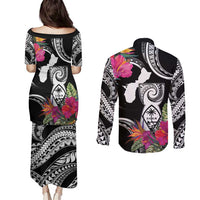 Hafa Adai Guam Couples Matching Puletasi and Long Sleeve Button Shirt Polynesian Tattoo Tropical Flowers