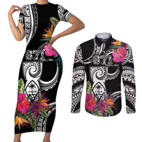 Hafa Adai Guam Couples Matching Short Sleeve Bodycon Dress and Long Sleeve Button Shirt Polynesian Tattoo Tropical Flowers