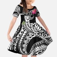 Hafa Adai Guam Family Matching Tank Maxi Dress and Hawaiian Shirt Polynesian Tattoo Tropical Flowers LT05 Daughter's Dress Black - Polynesian Pride