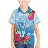 Hafa Adai Guam Family Matching Mermaid Dress and Hawaiian Shirt Tropical Flowers Blue Gradient