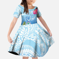 Hafa Adai Guam Family Matching Off The Shoulder Long Sleeve Dress and Hawaiian Shirt Tropical Flowers Blue Gradient
