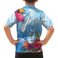Hafa Adai Guam Kid Hawaiian Shirt Tropical Flowers Blue Gradient