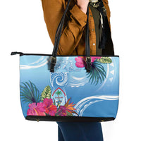 Hafa Adai Guam Leather Tote Bag Tropical Flowers Blue Gradient