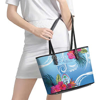 Hafa Adai Guam Leather Tote Bag Tropical Flowers Blue Gradient