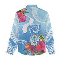 Hafa Adai Guam Women Casual Shirt Tropical Flowers Blue Gradient