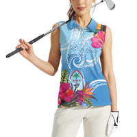 Hafa Adai Guam Women Sleeveless Polo Shirt Tropical Flowers Blue Gradient