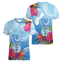 Hafa Adai Guam Women V-Neck T-Shirt Tropical Flowers Blue Gradient