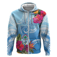 Hafa Adai Guam Zip Hoodie Tropical Flowers Blue Gradient