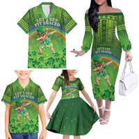 Personalised Hawaii Saint Patrick's Day Family Matching Off The Shoulder Long Sleeve Dress and Hawaiian Shirt Let's Get Fit Shaced LT05 - Polynesian Pride