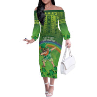 Personalised Hawaii Saint Patrick's Day Family Matching Off The Shoulder Long Sleeve Dress and Hawaiian Shirt Let's Get Fit Shaced LT05 Mom's Dress Green - Polynesian Pride
