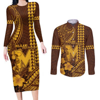 Personalised Hawaii Mililani High School Couples Matching Long Sleeve Bodycon Dress and Long Sleeve Button Shirt Tribal Tattoo With Hibiscus Flowers LT05 Brown - Polynesian Pride
