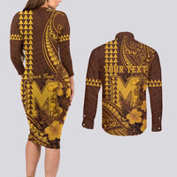 Personalised Hawaii Mililani High School Couples Matching Long Sleeve Bodycon Dress and Long Sleeve Button Shirt Tribal Tattoo With Hibiscus Flowers LT05 - Polynesian Pride