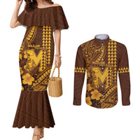 Personalised Hawaii Mililani High School Couples Matching Mermaid Dress and Long Sleeve Button Shirt Tribal Tattoo With Hibiscus Flowers LT05 Brown - Polynesian Pride