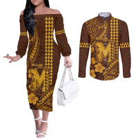 Personalised Hawaii Mililani High School Couples Matching Off The Shoulder Long Sleeve Dress and Long Sleeve Button Shirt Tribal Tattoo With Hibiscus Flowers LT05 Brown - Polynesian Pride