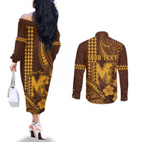 Personalised Hawaii Mililani High School Couples Matching Off The Shoulder Long Sleeve Dress and Long Sleeve Button Shirt Tribal Tattoo With Hibiscus Flowers LT05 - Polynesian Pride