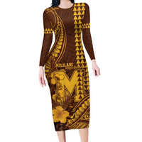 Personalised Hawaii Mililani High School Family Matching Long Sleeve Bodycon Dress and Hawaiian Shirt Tribal Tattoo With Hibiscus Flowers LT05 Mom's Dress Brown - Polynesian Pride