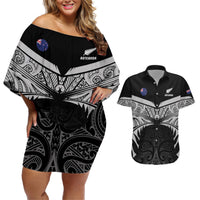 Custom New Zealand Cricket Couples Matching Off Shoulder Short Dress and Hawaiian Shirt Go Champions World Cup 2024 With Maori Pattern LT05 Black - Polynesian Pride
