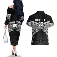 Custom New Zealand Cricket Couples Matching Off The Shoulder Long Sleeve Dress and Hawaiian Shirt Go Champions World Cup 2024 With Maori Pattern LT05 - Polynesian Pride