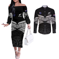 Custom New Zealand Cricket Couples Matching Off The Shoulder Long Sleeve Dress and Long Sleeve Button Shirt Go Champions World Cup 2024 With Maori Pattern LT05 Black - Polynesian Pride