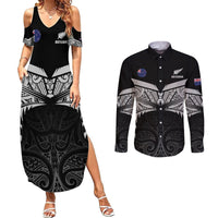 Custom New Zealand Cricket Couples Matching Summer Maxi Dress and Long Sleeve Button Shirt Go Champions World Cup 2024 With Maori Pattern LT05 Black - Polynesian Pride