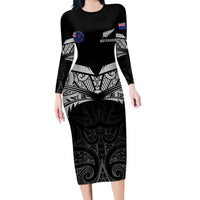 Custom New Zealand Cricket Family Matching Long Sleeve Bodycon Dress and Hawaiian Shirt Go Champions World Cup 2024 With Maori Pattern LT05 Mom's Dress Black - Polynesian Pride