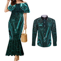 Personalised New Zealand Darts Couples Matching Mermaid Dress and Long Sleeve Button Shirt Turquoise Dart Board Maori Pattern LT05 Turquoise - Polynesian Pride
