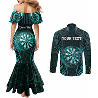 Personalised New Zealand Darts Couples Matching Mermaid Dress and Long Sleeve Button Shirt Turquoise Dart Board Maori Pattern LT05 - Polynesian Pride